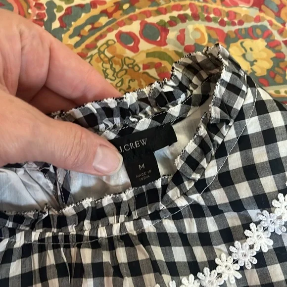 Very cute, gathered waist, gingham and lace trim J. Crew cotton top. - Picture 2 of 4